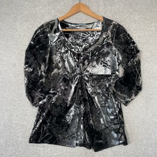 Pre Una M&S Devor Velvet Top Women?s Size 12 3/4 Sleeve V Neck Black & Grey