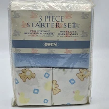 VTG Owen 3-Piece Baby Blanket Starter Set – 2 Cotton 30"x30" & 1 Fleece 30"x40"