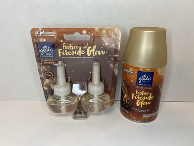 NEW GLADE Festive Fireside Glow 2pk OIL REFILLS & 1 automatic spray refill
