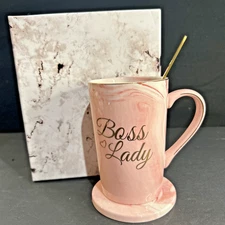 "Boss Lady" Coffee/Tea Mug Pink & Gold Marble Look with Spoon & Coaster Gift