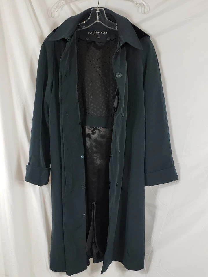 Women's Fleet Street Long Trench Coat Size 16 Green Vtg. Lined Pockets Buttons - Image 3 of 4