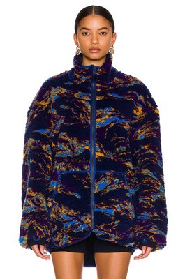 R13 Navy Swirl Oversized Zip Up Fleece Jacket $925, Size Large