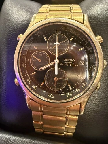 Vintage  SEIKO World Timer Mens Quartz Watch Gold & Black
