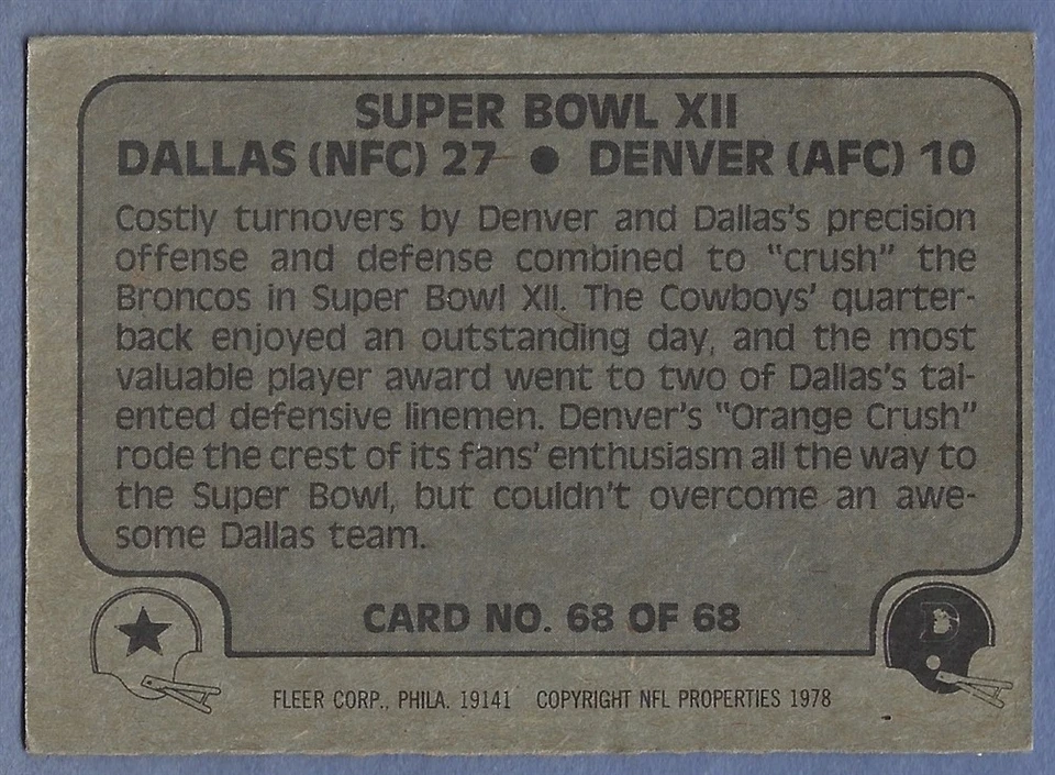 1978 Fleer Team Action #68 Cowboys Steelers Super Bowl XII Tony Dorsett Ex+/ExMt - Image 2 of 2