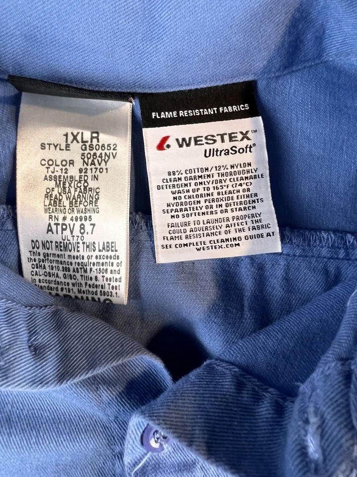 Aramark Westex 防火衬衫男式 1XL 蓝色超柔软 FR 工作服 — 第 4/4 张图片