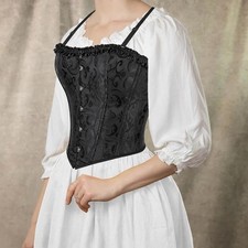 Black Brocade Overbust Corset Top With Ruffled Hem/Neck Lace Up Back XS