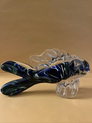 VTG Art Glass Fish Hand Blown Murano Style Figurine Aquarium Blue & White 6.5  