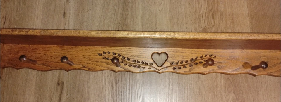 Solid Oak Wooden Coat - Hall Rack with Shelf Heart Cut Out - Image 2 of 4