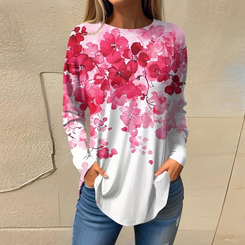 Tee Shirts Casual Fashion Long Sleeve Fall Pullover Top for Womens Printed Tops - Picture 25 of 42