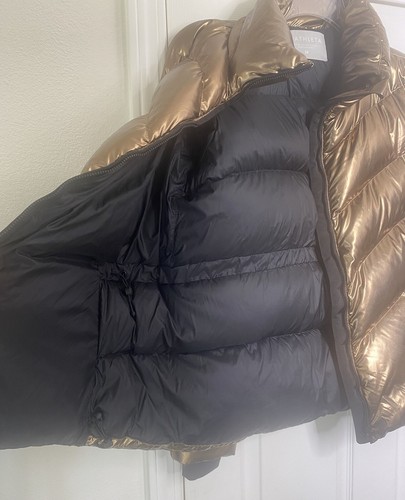 ATHLETA Chaqueta Puffer Abrigo Alto Plumón Cremallera Completa Talla Mediana Metálico Dorado - Imagen 6 de 11