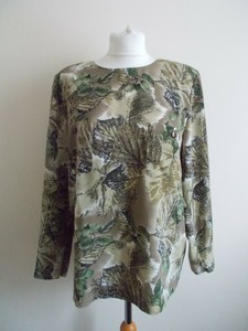 Vintage Brown Green Leaf Pattern Back Button Blouse Size M Christian Ada Ebay