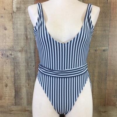 Boohoo Swimsuit Womens Blue White Striped Nautical Rope Tie Waist One  Piece