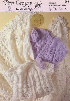 Peter Gregory KNITTING PATTERN 766 - DK & 4 Ply Baby Shawl Coats Headband 14-18" - Image 1 of 3
