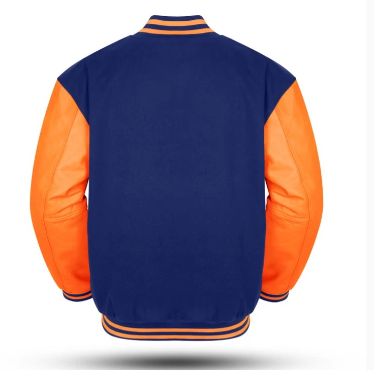 Varsity Jacket With Royal Blue Wool Body And Orange Leather Sleeves Jacket - product detail image 4