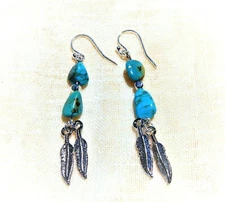 Natural Blue Kingman Turquoise Earrings Feathers Sterling Silver Dangle Hook, 2"