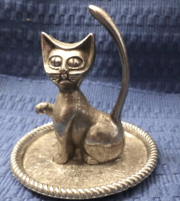Vintage Cat Ring Jewelry Holder Trinket Silver Plated Floral Base Patina