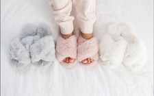 NWT Lauren Conrad X Band Faux Fur Slide Slippers Gray Cozy Quiet Luxury XL 9-10