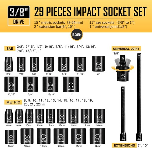 Corrosion-Resistant 3/8" Drive Socket Set - 29 Piece Cr-V Steel, ANSI Certified - Picture 4 of 9