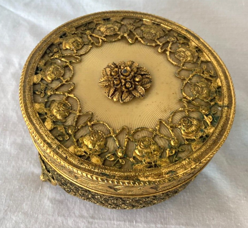 VTG BRASS FILIGREE..JEWELRY / TRINKET..BOX..ROUND..FLORAL - 第 1/3 張圖片
