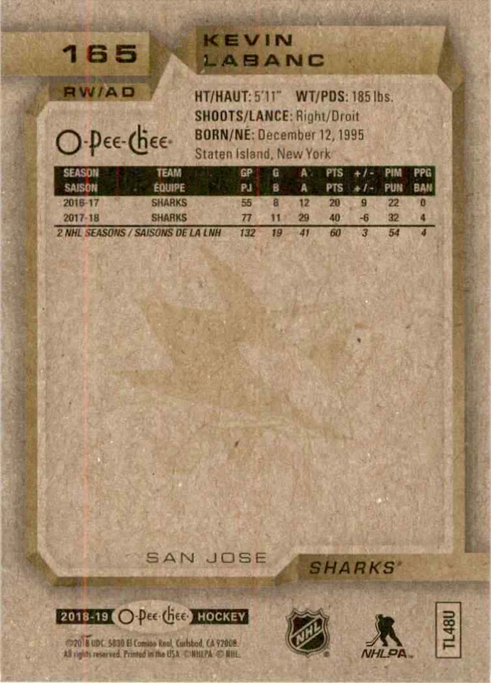 2018-19 O-Pee-Chee Kevin Labanc #165 - Image 2 of 2