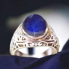Blue Sapphire Oval Cut Gemstone With 925 Sterling Silver Ring For Men's #A263
