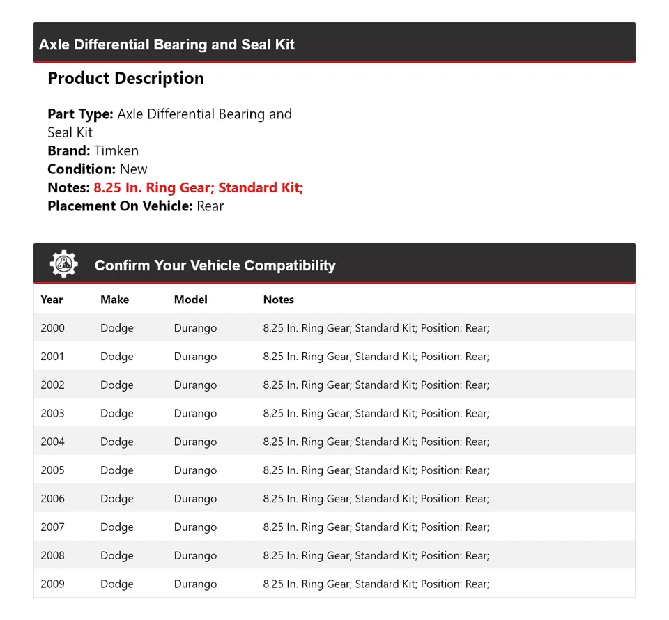 For 2000-2009 Dodge Durango Axle Differential Bearing and Seal Kit Rear Timken - Image 2 of 3