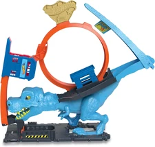 City Toy Car Track Set, T-Rex Chomp down with 1:64 Scale Vehicle, Knock Out the 