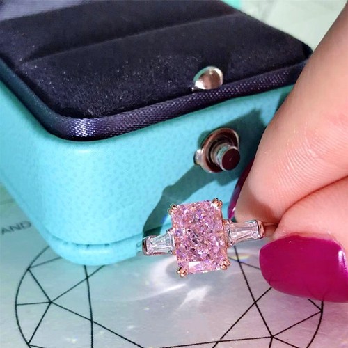 3.0Ct Cz Pink Cz Radiant Cut Ring Baguette Accents Statement Cocktail Ring - Picture 2 of 6
