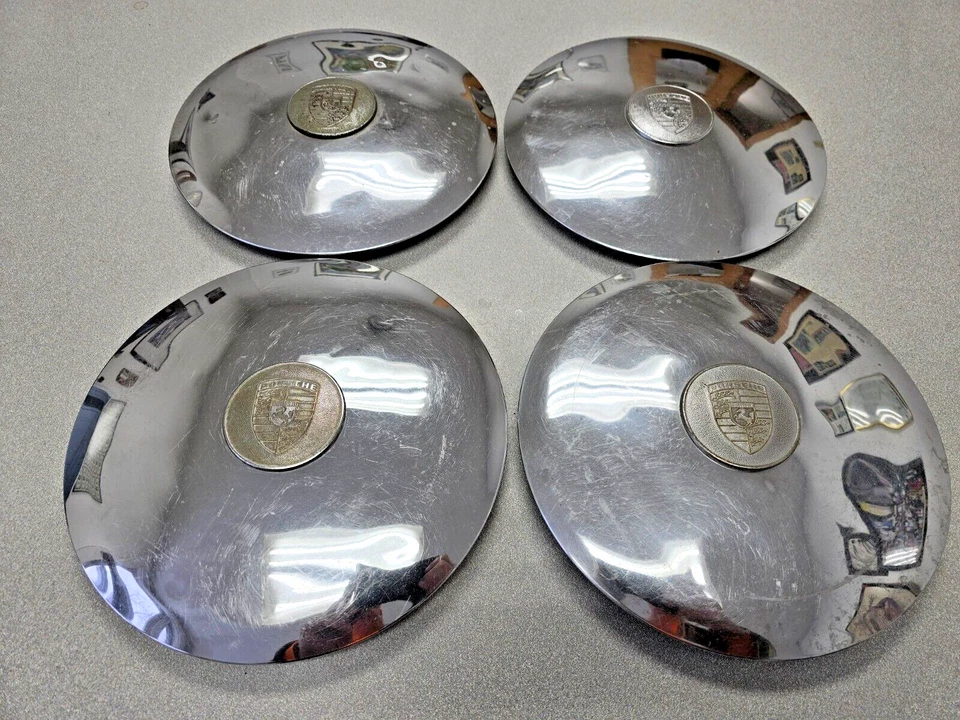 JUEGO DE TAPACUBOS CROMADOS USADOS PORSCHE 356C 356SC 911 912 914-6 CON TAPA CENTRAL NLA #24 Foto 2 de 4