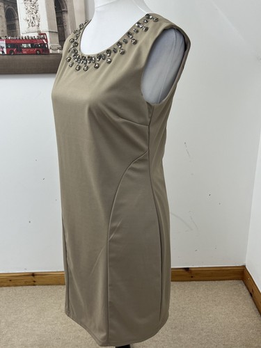 J&S Millenium Brown Bodycon Dress Rhinestone Collar Size M L V-Back Minimalist - Picture 4 of 11