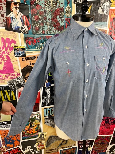 Vintage 70s Mens Floral Cross Embroidered Folk Art Chambray Cotton Shirt Medium - Picture 5 of 14