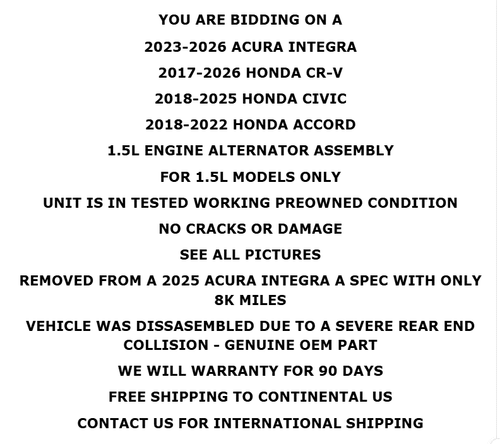 2017-2026 Honda CR-V Acura Integra 1.5L Engine Alternator Assembly 8K - Picture 2 of 9
