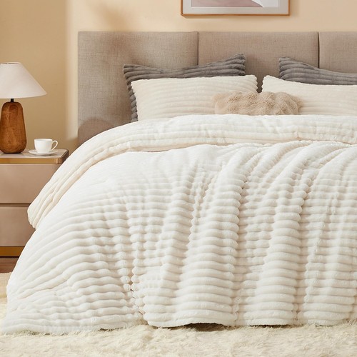 Fleece Queen Comforter Set -Super Soft & Warm Fluffy Cream White Bedding