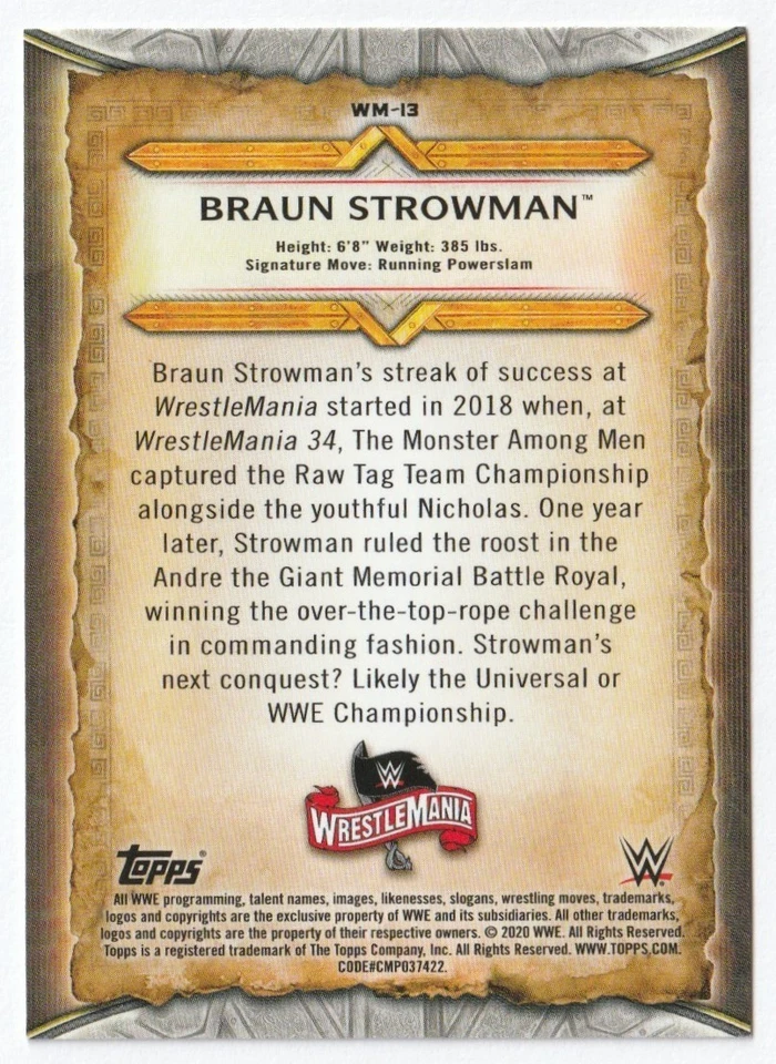2020 Topps WWE Road to WrestleMania WrestleMania Roster #WM13 Braun Strowman - Image 2 of 2