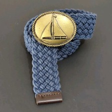 J CREW Braided Cotton Belt Blue 1.5  Wide Large Sailboat Brass Buckle S/M, USA