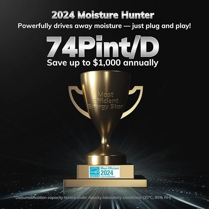 AEOCKY - Deshumidificador 74 pintas - 4500 pies cuadrados, control inteligente Leo-Lite Foto 2 de 4