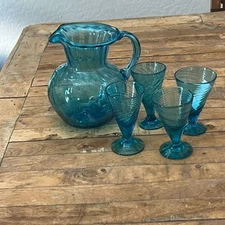 Mexican Hand Blown Glass Pitcher 4 Martini Glasses Clear Aqua Blue
