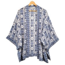 Max Studio Kimono Wrap Women's 1X Blue White Floral Coastal Resortwear Flowy