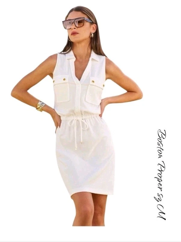 Boston Proper Beyond Travel White Sleeveless Shirt Dress sz M