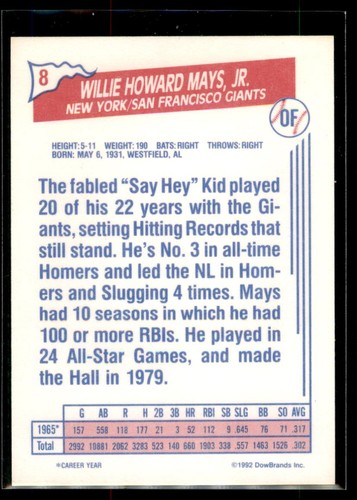 Ziploc Willie Mays #8 1992 Gigantes de San Francisco - Imagen 2 de 2