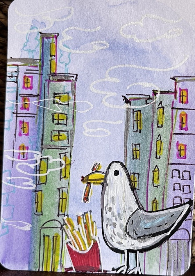 ACEO Original Whimsical Seagull Acrylic Painting Pop Art ATC OOAK Cachetmaison