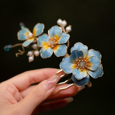 Kingfisher Blue Velvet Hairpin ''Sweet Pear'' Silk Flower Hair Stick,Haircomb Gift