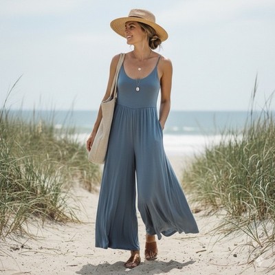 Final Touch Jumpsuit M Blue Rayon Modal Wide Leg Palazzo Boho Lounge Pocket USA