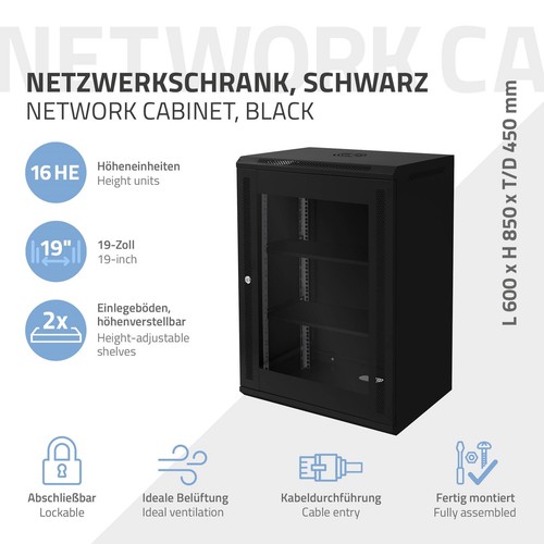 Armadio di rete 19" 16U armadio per server 600 x 850 x 450 mm nero - Zdjęcie 2 z 10