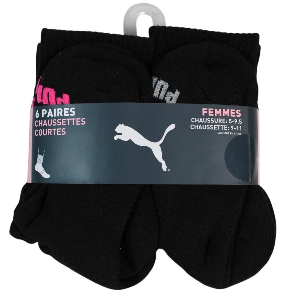 Puma Feminino 6 Pares Meias Low Crew Sapato Preto Tamanho 5-9 Sapato Tamanho 9-11 - Imagem 2 de 3