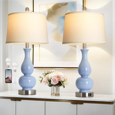 27" Blue Gourd Ceramic Lamps Set of 2, Coastal Ceramic Table Lamps for Living...