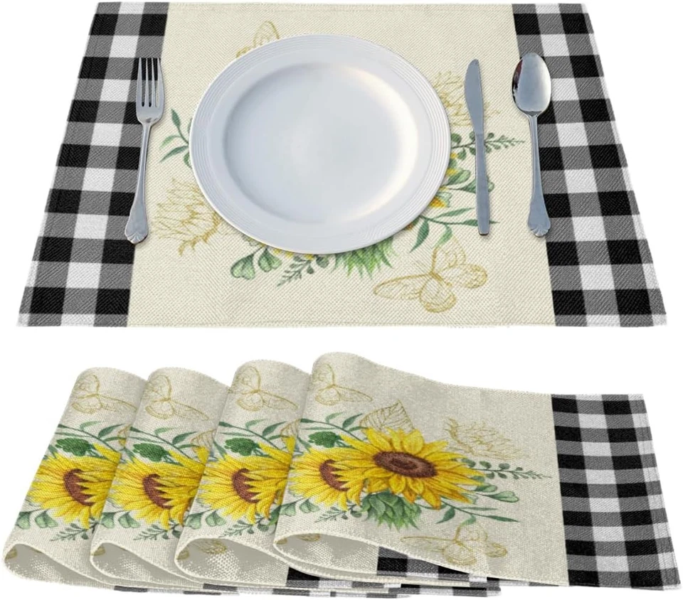 Placemats Set of 4 Black Buffalo Plaid Sunflower Summer 12''X18'', Yellow  - Image 2 of 4
