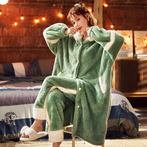 Accappatoio donna autunno inverno spesso con cappuccio dolce flanella vestaglia abito lungo pile - Foto 4 di 31