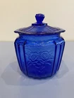 VTG Anchor Hocking Cobalt Blue MAYFAIR Open Rose Glass Biscuit Jar W/Lid 7"H