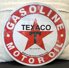 Texaco "T" Gasoline Motor Oil Metal Tin Sign Vintage Distressed Style 12" Shop